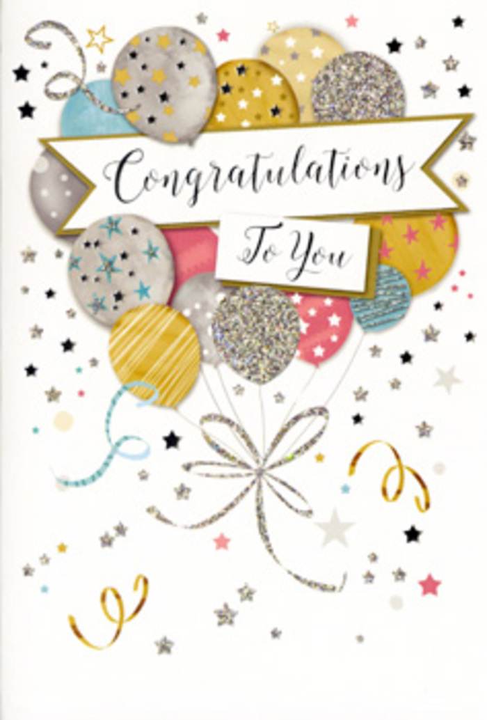 An artfully designed congratulations card is shown in close detail, its imagery echoing the celebratory air that often drifts through the streets around Crystal Palace on a weekend. Central to the design is a bouquet-like gathering of illustrated balloons, grouped as carefully as a florist might layer blooms in a hand-tied arrangement. The balloons overlap to create a soft, dimensional effect, with hues of rich gold, gleaming silver, champagne beige, clear sky blue, blush pink, and cool grey blending harmoniously. Each balloon is decorated with its own delicate markings: some sparkle with tiny star motifs, others wear slim, shimmering stripes or scattered glitter-like specks, giving a sense of texture as though lightly dusted with metallic powder. Fine, curling strings in gold and silver descend from the cluster, looping and swaying gently before joining in a neat, elegant tangle, much like decorative ribbon at the base of a celebratory bouquet in a local SE19 florist. A pale, unfurled banner crosses the centre of the card, gently arched and inscribed with "Congratulations To You" in graceful, looping script that suggests both care and sincerity. Around this focal scene, miniature metallic stars and swirling ribbon shapes dance against a soft, light-toned background, conjuring the idea of confetti and streamers frozen mid-flight. The atmosphere of the card is both joyful and refined, making it an ideal companion for fresh flowers sent to celebrate new jobs, exam results, anniversaries, or other proud milestones in and around Crystal Palace. It feels like a keepsake designed to be cherished alongside memories of the day it was received.