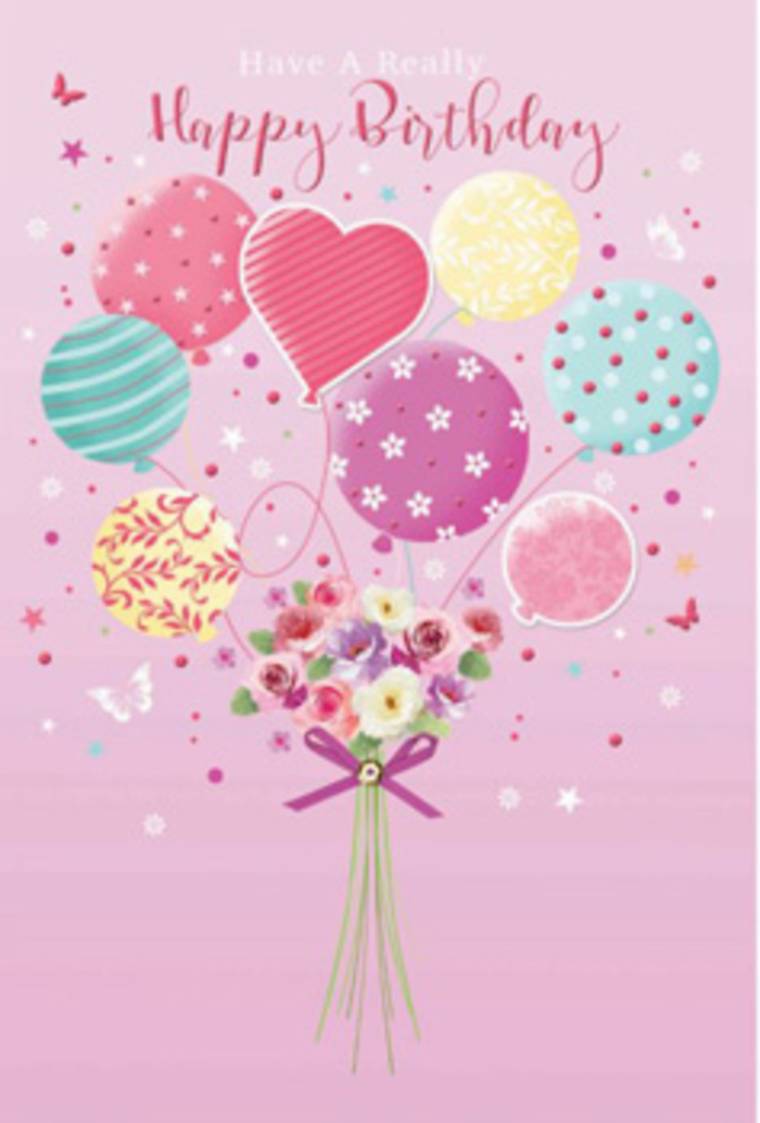 This detailed birthday illustration captures the feeling of a quiet, happy celebration somewhere above the leafy avenues of Crystal Palace. The entire scene is bathed in a warm, soft pink backdrop, which gives the impression of a sky at sunset. Floating in the centre is a small cluster of pastel balloons, loosely gathered like a bouquet. Their colours are gentle yet uplifting - shades of pale sunshine yellow, rosy fuchsia, mint green, and lavender. Each balloon carries its own design: stripes twist around some like ribbons caught in the wind along Church Road, while others are dotted with playful polka dots or subtle floral and swirl patterns that suggest movement and joy. Just beneath this colourful cloud sits a small but lush hand-tied bouquet. Petite roses and daisy-like blooms are arranged with an expert touch, their velvety petals shaded from cream to rose, with hints of soft mauve. They look freshly cut, as if they might still be cool from the florist's water buckets. A sparkling purple ribbon ties the stems together, the bow compact and tidy, echoing the care of a Crystal Palace florist who attends to each birthday order with precision. Around the balloons and flowers, tiny butterflies and star-like specks drift across the composition, adding a sense of magic and suspension in time, as though this moment of birthday joy has been gently paused. The overall mood is tender, light, and quietly uplifting - a visual whisper of happiness that suggests the sweet fragrance of fresh flowers and the soft rustle of ribbons on a special day.