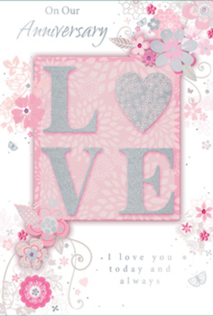 This anniversary card appears as if resting beside a vase of pastel blooms in a Crystal Palace living room, bathed in soft, natural daylight. At the heart of the design, the word "LOVE" stands proud in uppercase letters, each one gently raised from the card's surface and kissed with a veil of silvery glitter. The effect is subtly frosted, offering a delicate texture that suggests you could run your fingers along the ridges and feel every curve. The letters sit within a blush-pink frame that gently melts into a background of pale pinks and off-whites, giving the entire card a calm, romantic glow. Around this central motif flows a border of hand-drawn flowers, feathery leaves, and trailing stems, all rendered in slender lines and gentle shading. The floral palette leans towards blush, ivory, and pale lilac, reminiscent of the soft-toned bouquets often prepared for anniversaries at Flowers Crystal Palace. Each bloom feels thoughtfully placed, like stems turned and rearranged by a careful hand until the balance is just right. Tiny details-fine scrolls, dainty leaves, and what could be the soft outline of butterflies-dance around the edges, adding movement and a touch of whimsy. The negative space between these elements allows the design to breathe, keeping the card light and uncluttered. Written in an elegant, flowing script, a message such as "I love you today and always" rests gently among the floral flourishes, its curves echoing the lines of the vines. The overall impression is of quiet, enduring affection, like sharing a peaceful evening at home in Crystal Palace with fresh flowers on the table and years of shared memories in the air.