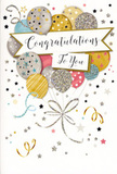 This congratulations card appears like a pocket-sized celebration, echoing the friendly, uplifting character of Crystal Palace. At its heart, a cluster of round balloons drifts upward, gathered close in a carefully layered arrangement that feels as considered as a well-balanced bouquet. The balloons glow in soft metallic shades-rich gold, brushed silver, pale champagne, gentle sky blue, rosy blush pink, and misty grey-each one made distinctive by detailed patterns: some are sprinkled with star shapes, others banded with slim glittering stripes, and a few dusted with fine, sparkling speckles that suggest a lightly textured finish. From the base of each balloon, thin gold and silver strings fall in graceful curls, winding together into an elegant knot that anchors the joyful composition like the tied stems of a floral gift. A smooth banner arcs through the middle of the design, bearing the words "Congratulations To You" written in flowing calligraphy that feels both celebratory and sincere. All around, metallic stars and loose ribbon swirls drift across a pale, softly glowing background, reminiscent of confetti scattered outside local venues near the Triangle after good news is shared. The mood is one of genuine joy and proud recognition, making this card an ideal accent for flowers delivered to mark a promotion, graduation, or new home in SE19 and surrounding neighbourhoods. It looks like the sort of card chosen when someone wants their congratulations to linger in the recipient's memory long after the bouquets have faded, a small but meaningful symbol of admiration and happiness.