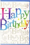 In this image, a lively birthday card is shown that seems perfectly suited to the colourful character of Crystal Palace, as if it had been chosen moments after collecting flowers from Flowers Crystal Palace. The central feature is the phrase 'Happy Birthday', written in generous, rounded letters that curve gently across the front. Each letter is bathed in a softly blended rainbow gradient, moving from rich berry reds and bright pinks to deep blues, teal greens, and sunny yellow-orange tones, reminiscent of the varied hues in the independent shopfronts and murals around the Triangle. The shading within each character is smooth and misty, creating a sense of depth and gentle glow, rather than flat, solid blocks of colour. Sprinkled across and around the main lettering are tiny, colourful dots and confetti-like specks, adding a playful, celebratory touch as if captured mid-toss at a party on a terrace overlooking Crystal Palace Park. Behind this bold greeting, the background is covered with a repeating 'Happy Birthday to you' in fine golden script. The writing is delicate and looping, resembling carefully penned calligraphy in metallic ink, and it runs diagonally or in soft lines across the card, creating a subtle, shimmering texture. This golden script appears slightly out of focus compared to the main letters, which keeps the large rainbow phrase firmly in the spotlight while still enriching the overall design. The base shade of the card is likely clean white or a very light cream, helping the colours and metallic tones to sparkle. The finish appears smooth and slightly glossy, giving it a premium, special-occasion feel. Altogether, the card radiates cheerful energy and heartfelt warmth, ideal for birthdays celebrated at home in Anerley or out with friends around Westow Hill.