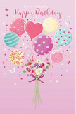 This charming birthday design looks as though it could be hanging in a cosy Crystal Palace boutique, with pastel balloons and a dainty bouquet painted in dreamy detail. The background is a calm, rosy pink wash that lets the central image glow. A cluster of balloons rises from the middle, their soft, rounded forms rendered in gentle tones of blush, sea green, lemon, and lilac. Each balloon wears a different decoration: curling candy-like stripes, cheerful polka dots, delicate florals, and swirling patterns dance across their glossy surfaces. A heart-shaped balloon sits among them, radiating warmth and affection. At the base of this floating arrangement, a hand-tied bouquet rests, full of delicate roses and anemone-like blossoms in creamy ivory, blush pink, and mellow mauve. The petals overlap like small layers of silk, and the flowers appear freshly picked, much like those you might see being prepared for birthday deliveries around the Crystal Palace Triangle or Westow Hill. A violet satin bow wraps the stems tightly, its sheen catching the imagined light. Scattered around the balloons and bouquet are tiny star shapes and butterfly motifs, hinting at a touch of fairy-tale wonder and the lightness of a wish made on a birthday candle. Though the image is still, it suggests movement - balloons drifting upwards, ribbon ends fluttering - and the soft, sweet fragrance of new blooms. The overall feeling is one of playful elegance and heartfelt celebration, turning a simple birthday greeting into a small, floating world of colour, texture, and joy in Crystal Palace.