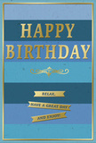A tasteful birthday card fills the image, its combination of soft blues and shimmering gold creating a mood of calm celebration, like a peaceful evening overlooking Crystal Palace's leafy streets. The background features wide horizontal stripes, each a slightly different shade of blue, moving from deep navy at the top through denim, teal, and into a lighter, airy blue at the base. This gradual shift forms a gentle ombre effect that feels both soothing and contemporary. Centered over the stripes, the words "HAPPY BIRTHDAY" appear in large, embossed gold capitals, the metallic surface catching light so that the greeting seems to glow. Beneath this heading, a fine golden flourish curves delicately, adding a hint of old-fashioned charm. Lower down, three slim golden banners run side by side, each ribbon embossed with simple, inviting words: "Relax, have a great day and enjoy!" Around the edges of the card, a narrow gold border frames the entire composition, giving it a sense of balance and completion. The card stock looks smooth and of good quality, with the raised gold details promising a tactile contrast under the fingertips. One can imagine this card propped beside a bouquet arranged by Flowers Crystal Palace, perhaps delivered to a home near the park or the Triangle, where its quiet glow adds to the warmth and thoughtfulness of a birthday surprise.